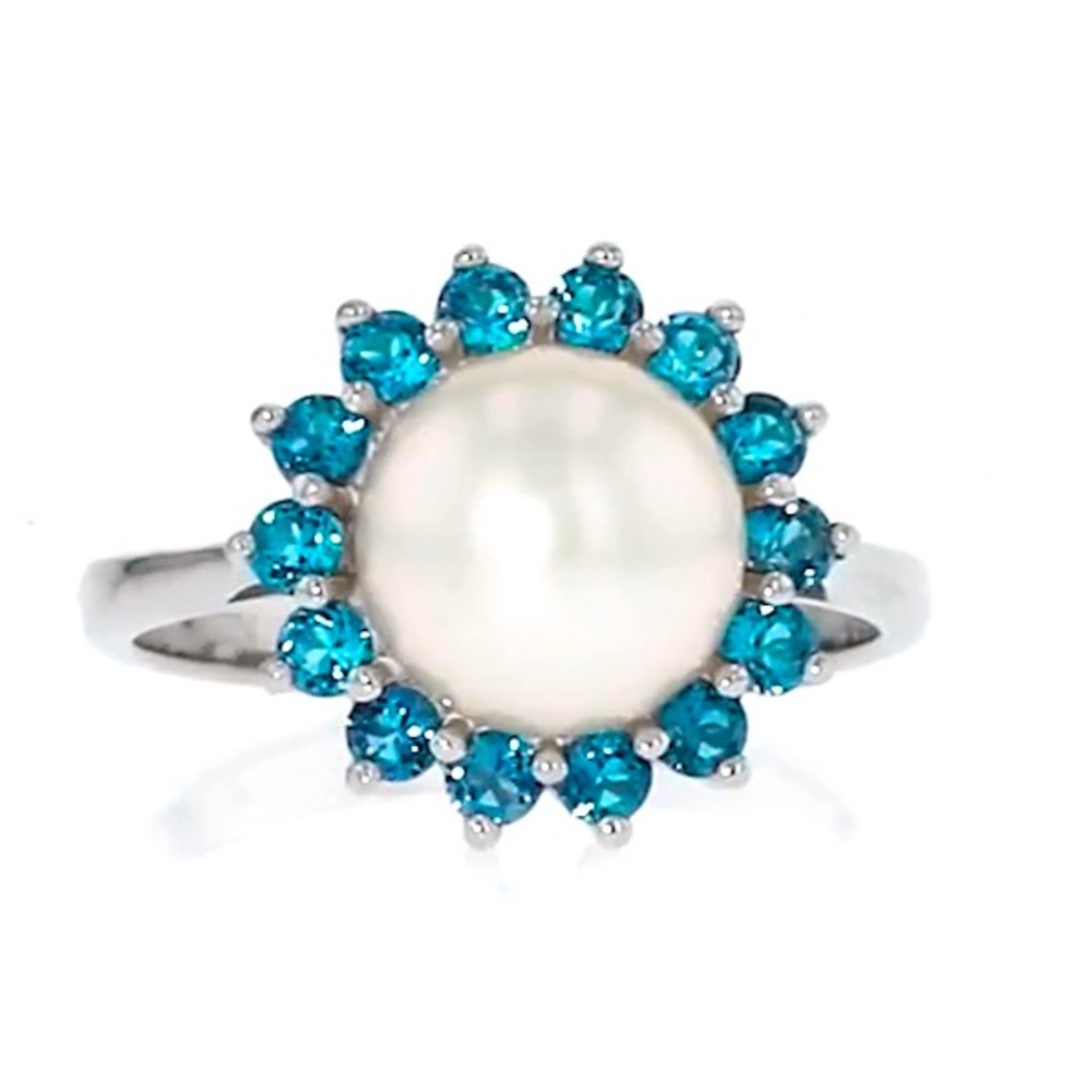 $120 8-8.5mm Pearl and .60 ct. t.w. London Blue Topaz Ring in Sterling Silver